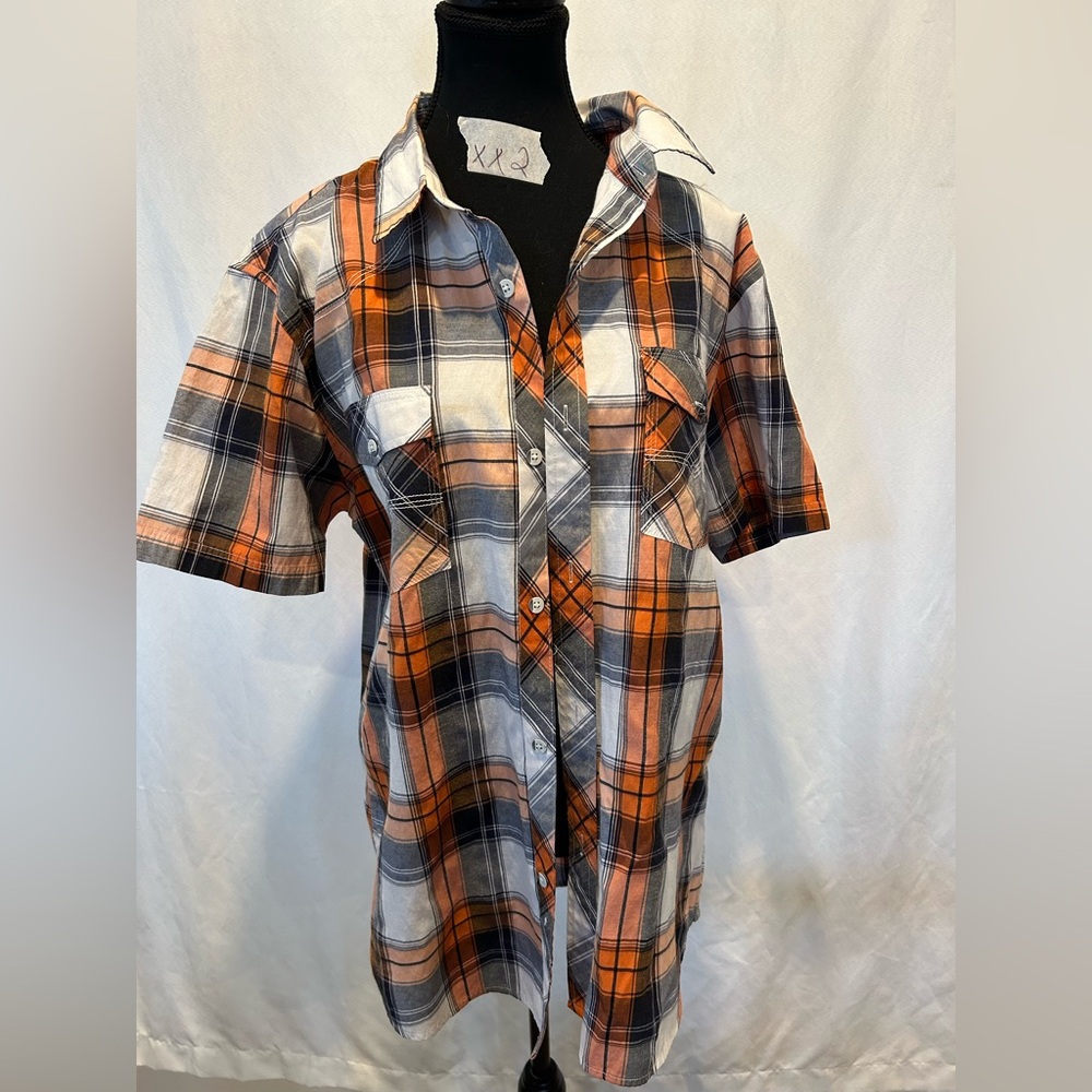Casual Orange and Black Plaid Button Down Shirt